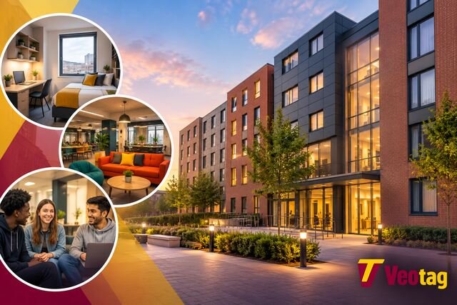 Karma Salford Hall student accommodation with modern rooms, communal spaces, students, and Veotag logo.