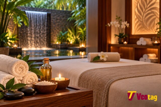 Karma Spa and Wellness facilities with massage bed, rolled towels, aromatherapy oils, candles, and a tranquil waterfall.
