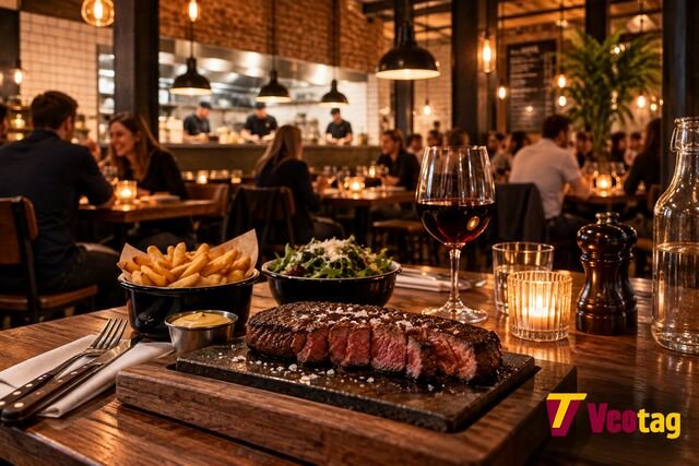 Flat Iron Leeds restaurant steak served with fries and salad in a warm, lively dining setting.