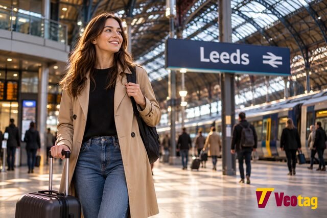 Traveler with luggage at Leeds train station, representing Flat Iron Leeds booking and travel planning.