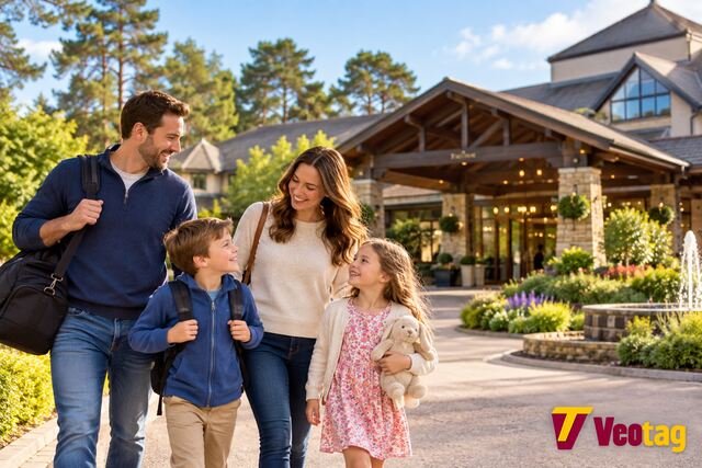 Family arriving at Forest Pines Hotel for a family-friendly stay.