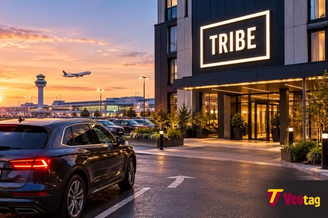 Parking at TRIBE Manchester Airport with hotel entrance, parked cars, airport terminal and aircraft nearby.