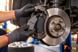 Mechanic performing brake pad replacement on a car brake system.