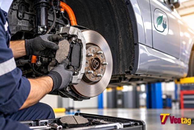 Mechanic replacing brake pads on a hybrid or electric vehicle with the wheel removed.