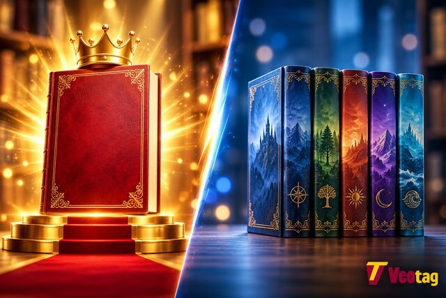 Best-selling book versus best-selling book series, shown as a crowned single book beside a coordinated multi-book collection.