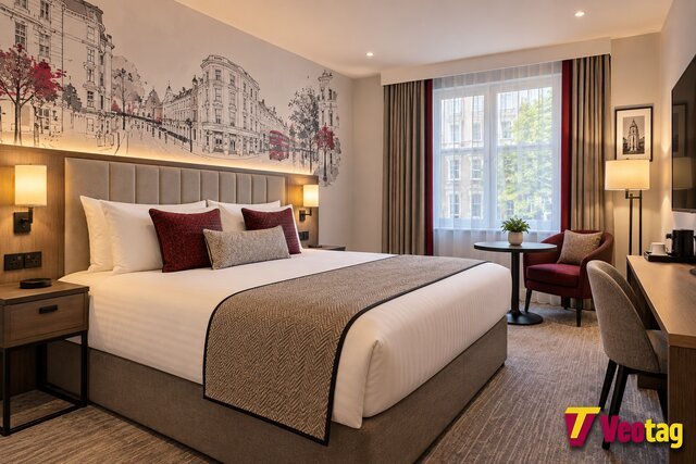 Renovated Mercure Earls Court hotel room with modern minimalist décor and London-inspired design.