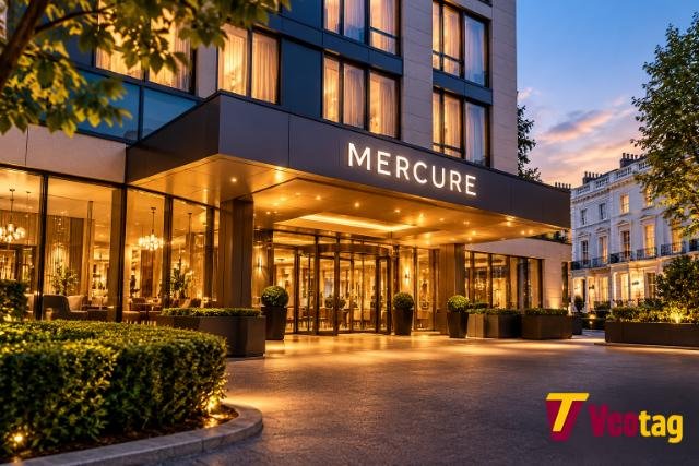 Mercure Earls Court hotel entrance at dusk with illuminated exterior and Veotag logo.