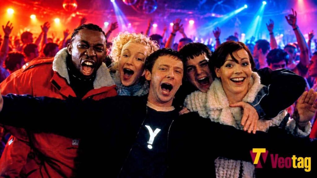 Human Traffic movie cast celebrating in a colorful 1990s club scene