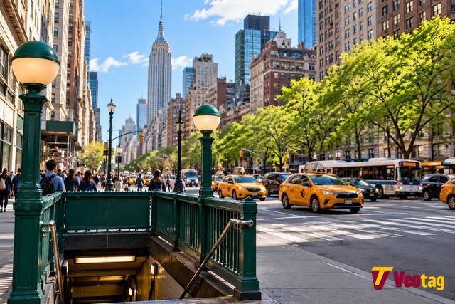 New York City subway entrance with yellow taxis, a city bus, pedestrians, and the Empire State Building.