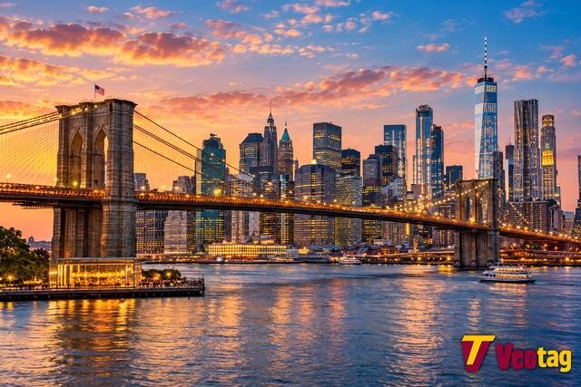 New York City skyline and Brooklyn Bridge at sunset with Veotag logo.