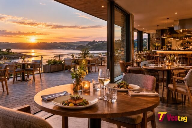 Milk Wood Bar & Kitchen dining area overlooking the Taf Estuary at sunset.