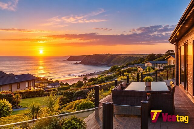 Dylan Thomas Resort coastal lodge with sea views at sunset