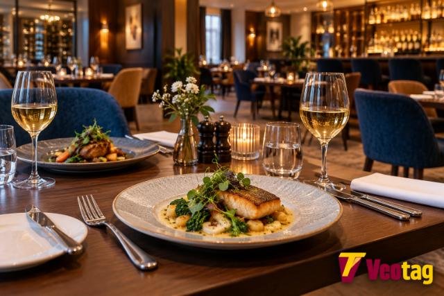 Gourmet dinner served in the elegant Thorpe Park Hotel restaurant with wine and warm ambient lighting.