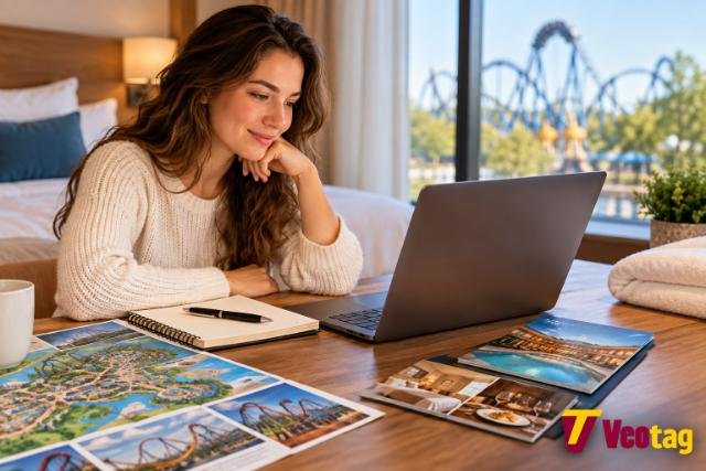 Woman comparing Thorpe Park hotel packages on a laptop in a hotel room with theme park views.