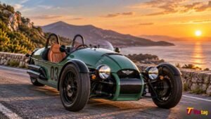 Morgan Super 3 three-wheeler on a scenic coastal road