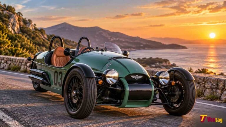 Morgan Super 3 three-wheeler on a scenic coastal road