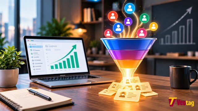 Digital lead generation funnel with customer icons, analytics dashboard, and growth chart illustrating how FatRank generates leads.