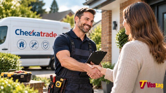 Checkatrade tradesperson shaking hands with a homeowner outside a house, representing public trust and reliable trade services.