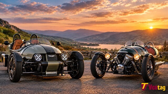 Morgan Super 3 and Morgan 3 Wheeler parked side by side on a scenic mountain road at sunset.