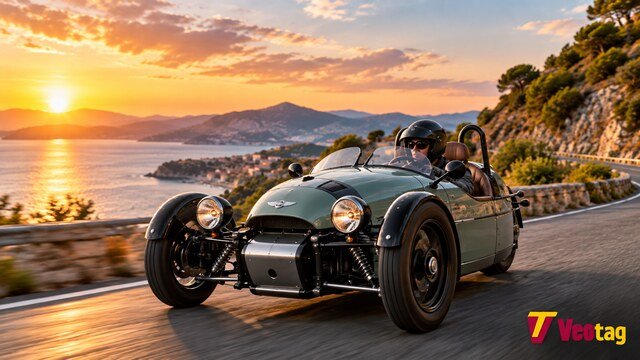 Morgan Super 3 driving along a scenic coastal road at sunset.