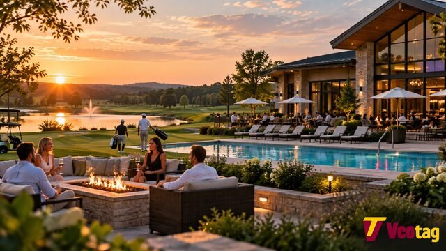 Long Ashes Leisure Club luxury resort with swimming pool, golf course, lakeside views, outdoor dining, and sunset terrace.