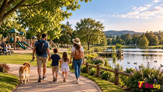 Family walking with their dog through Long Ashes Park beside a lake, playground, and green open spaces.