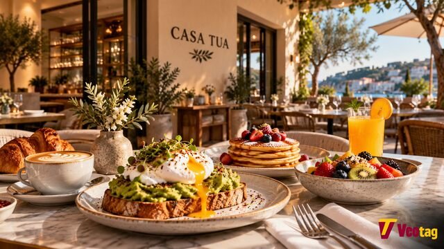 Casa Tua brunch restaurant table with avocado toast, poached eggs, pancakes, croissants, fresh fruit, coffee, and orange juice.