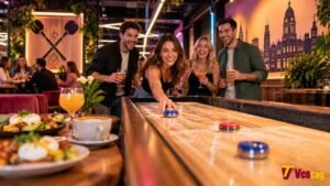 Electric Shuffle Leeds: Prices, Shuffleboard, Brunch, Opening Times and What to Expect Friends playing shuffleboard at Electric Shuffle Leeds