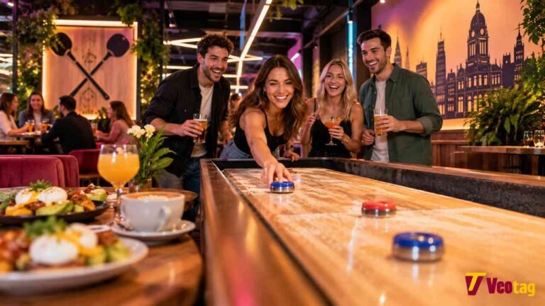 Electric Shuffle Leeds: Prices, Shuffleboard, Brunch, Opening Times and What to Expect Friends playing shuffleboard at Electric Shuffle Leeds