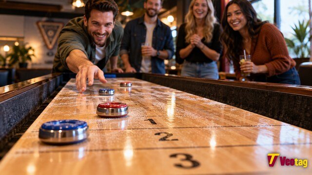 Friends playing a tabletop shuffleboard game in a bar with red and blue pucks on the scoring area.