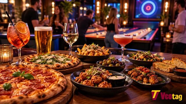 Electric Shuffle Leeds food and drinks spread with pizzas, sharing plates, cocktails, beer and wine beside shuffleboard games.