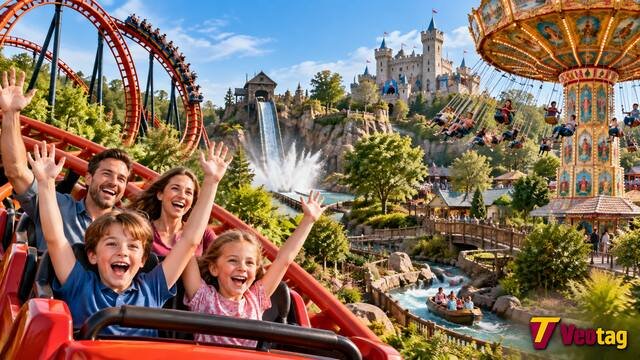 Family enjoying roller coasters and amusement park attractions beyond Thomas Land.