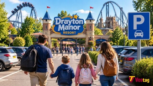 Family walking through the parking area toward Drayton Manor Resort, with cars and roller coasters visible.
