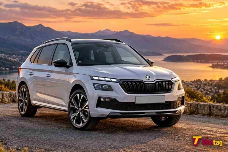 Skoda Kamiq Review 2026: Practicality, Engines, Interior, Costs and Verdict Silver Skoda Kamiq compact SUV parked at a scenic mountain overlook during sunset.