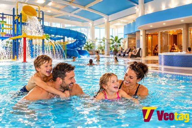 Family enjoying an indoor swimming pool with water slides, splash play areas, and spa facilities at Sand le Mere Holiday Park.