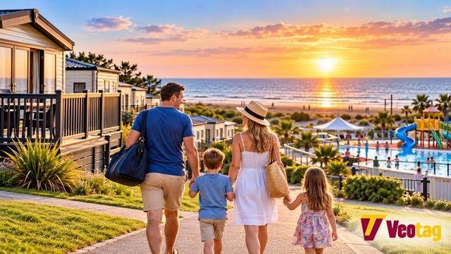 Family enjoying a seaside holiday at Sand le Mere holiday park, with accommodation, swimming pools and the Veotag logo.