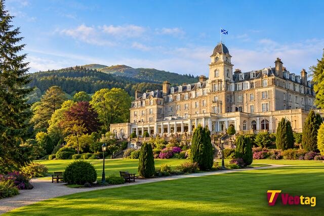 Peebles Hydro hotel surrounded by landscaped gardens and Scottish countryside.