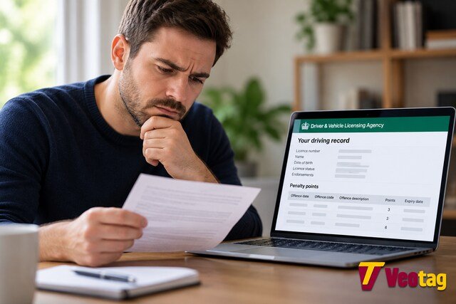 Concerned driver checking incorrect driving licence penalty points on a DVLA driving record displayed on a laptop.