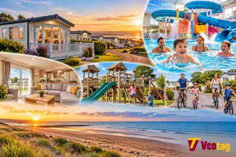 Sand le Mere Holiday Park accommodation, swimming pool, family activities and nearby beach.