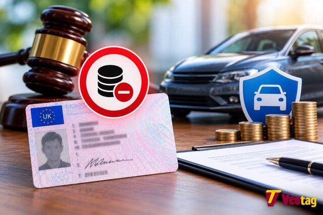 UK driving licence with penalty points symbol, car insurance shield, coins and vehicle illustrating how driving licence points affect car insurance.